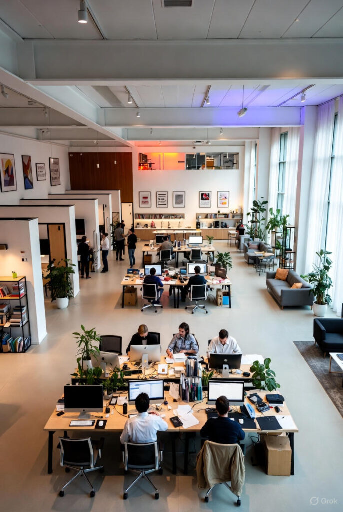 Et luftfoto af et moderne, åbent coworking-space med flere personer, der sidder ved store skriveborde med computere, omgivet af grønne planter, sofaer og store vinduer med naturligt lys.