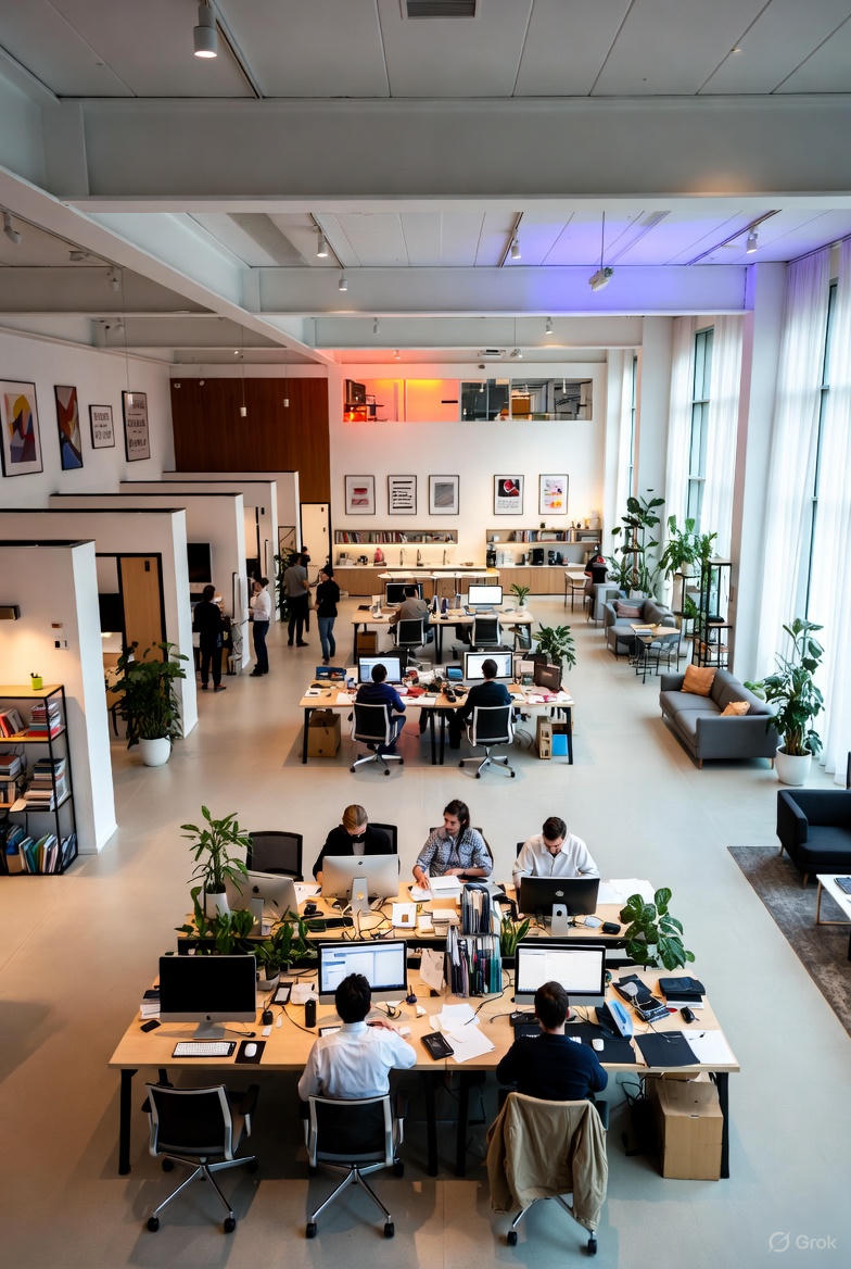 Et luftfoto af et moderne, åbent coworking-space med flere personer, der sidder ved store skriveborde med computere, omgivet af grønne planter, sofaer og store vinduer med naturligt lys.